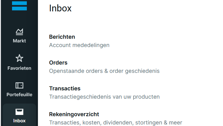 DEGIRO Inbox navigation with the Rekeningoverzicht (Account Statement) tab highlighted