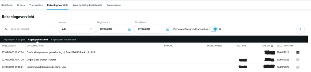 DEGIRO Rekeningoverzicht (Account Statement) view showing the date range and the export/download icon in the top-right